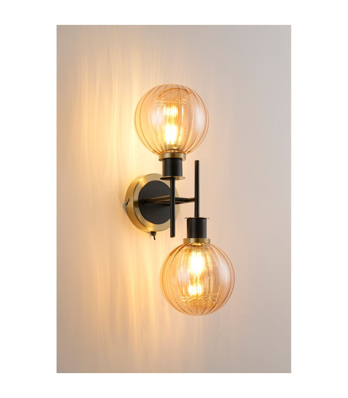 Placid Switched Wall Light 2 Light E14 15cm Round Segment Glass Shade Brass Amber Plated & Satin Black-3