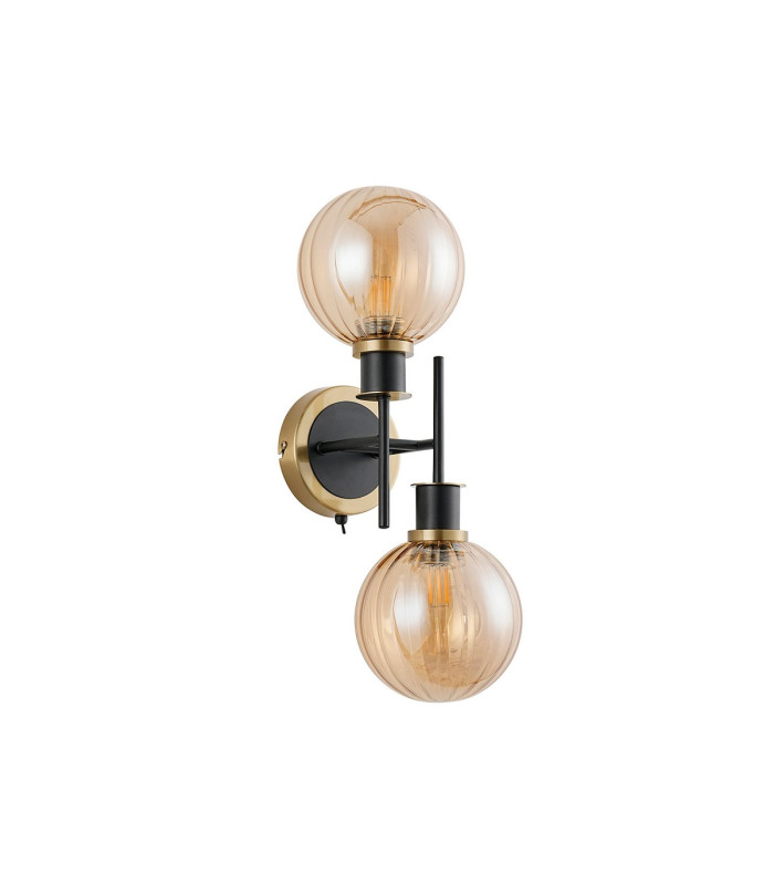 Placid Switched Wall Light 2 Light E14 15cm Round Segment Glass Shade Brass Amber Plated & Satin Black-4