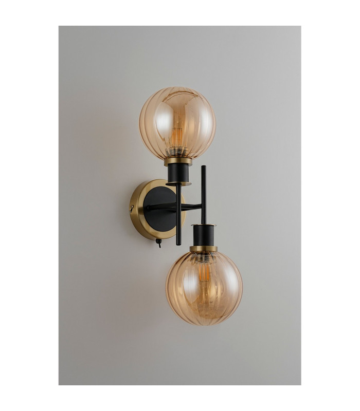 Placid Switched Wall Light 2 Light E14 15cm Round Segment Glass Shade Brass Amber Plated & Satin Black-7