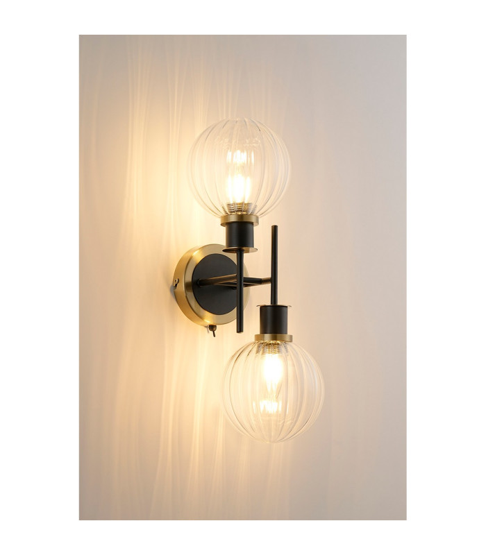 Placid Switched Wall Light 2 Light E14 15cm Round Segment Glass Shade Brass Clear & Satin Black-3