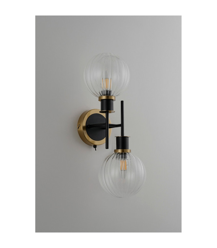 Placid Switched Wall Light 2 Light E14 15cm Round Segment Glass Shade Brass Clear & Satin Black-7