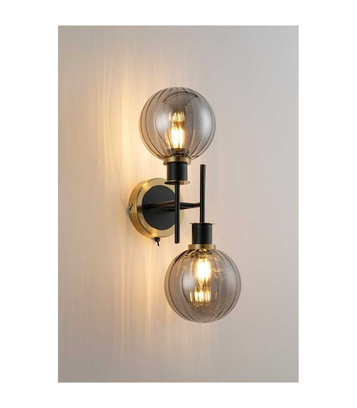 Placid Switched Wall Light 2 Light E14 15cm Round Segment Glass Shade Brass Smoke Plated & Satin Black-3