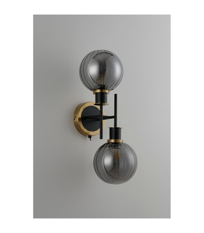 Placid Switched Wall Light 2 Light E14 15cm Round Segment Glass Shade Brass Smoke Plated & Satin Black-7