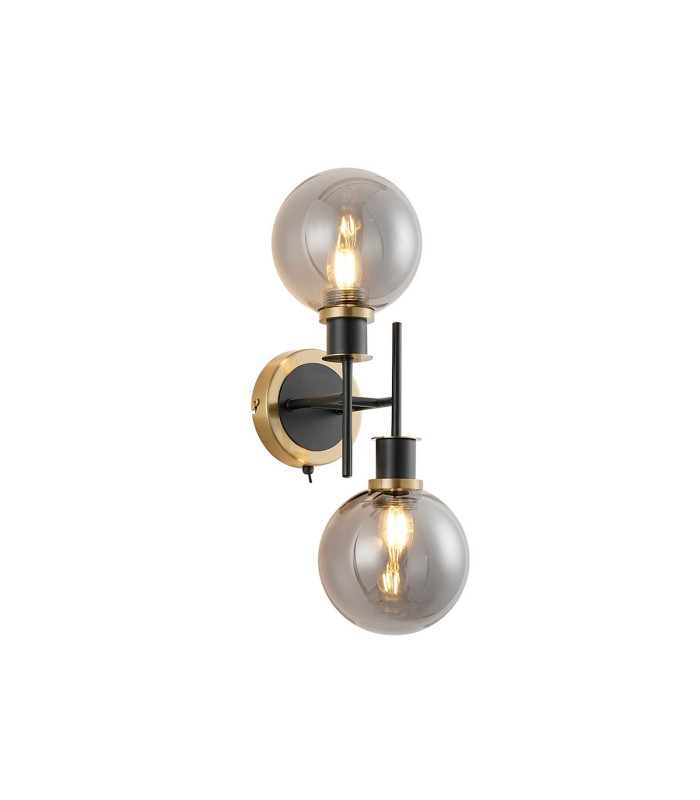 Placid Switched Wall Light 2 Light E14 15cm Round Glass Shade Brass Smoke Plated & Satin Black-1