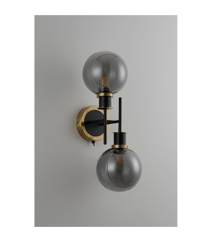 Placid Switched Wall Light 2 Light E14 15cm Round Glass Shade Brass Smoke Plated & Satin Black-7