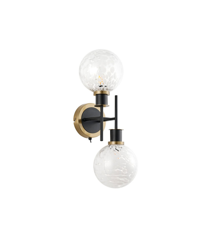 Placid Switched Wall Light 2 Light E14 15cm Round Speckled Glass Shade Brass White & Satin Black-3