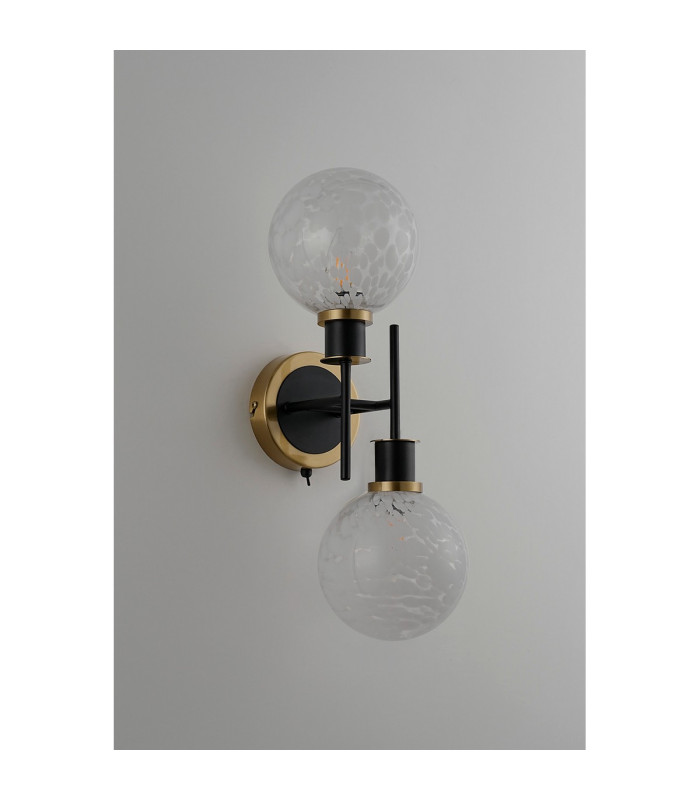 Placid Switched Wall Light 2 Light E14 15cm Round Speckled Glass Shade Brass White & Satin Black-6