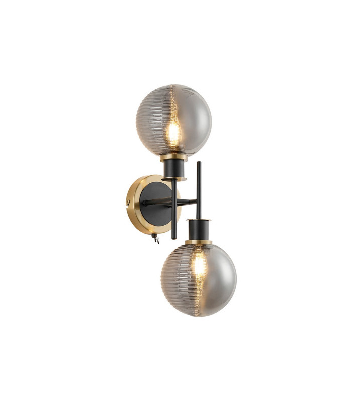 Placid Switched Wall Light 2 Light E14 15cm Round Textured Smooth / Ribbed Glass Shade Brass Smoke Plated & Satin Black-1
