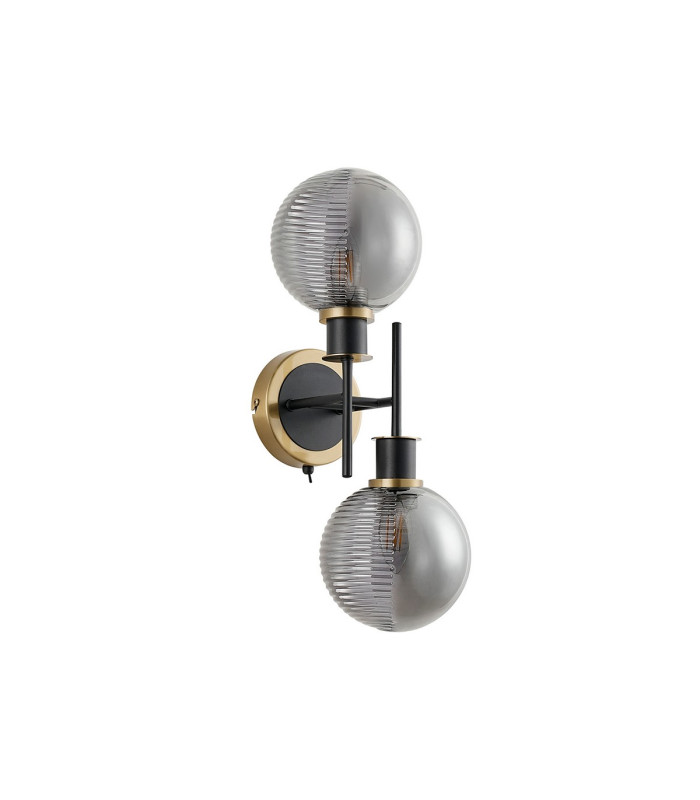 Placid Switched Wall Light 2 Light E14 15cm Round Textured Smooth / Ribbed Glass Shade Brass Smoke Plated & Satin Black-4