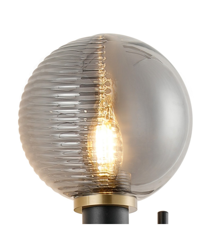 Placid Switched Wall Light 2 Light E14 15cm Round Textured Smooth / Ribbed Glass Shade Brass Smoke Plated & Satin Black-6