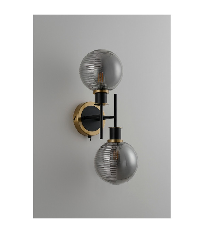 Placid Switched Wall Light 2 Light E14 15cm Round Textured Smooth / Ribbed Glass Shade Brass Smoke Plated & Satin Black-7