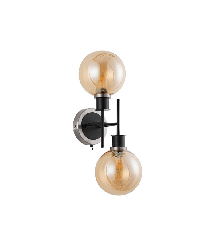 Placid Switched Wall Light 2 Light E14 15cm Round Glass Shade Satin Nickel Amber Plated & Satin Black-4