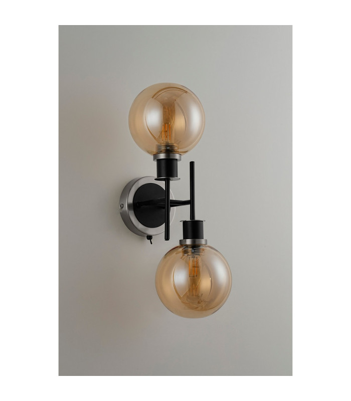 Placid Switched Wall Light 2 Light E14 15cm Round Glass Shade Satin Nickel Amber Plated & Satin Black-7