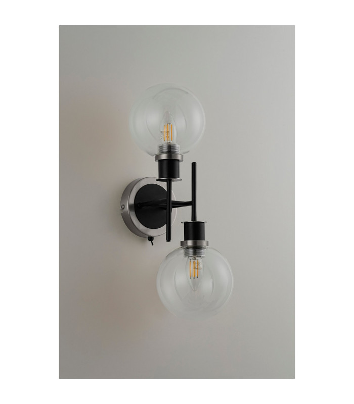Placid Switched Wall Light 2 Light E14 15cm Round Glass Shade Satin Nickel Clear & Satin Black-7