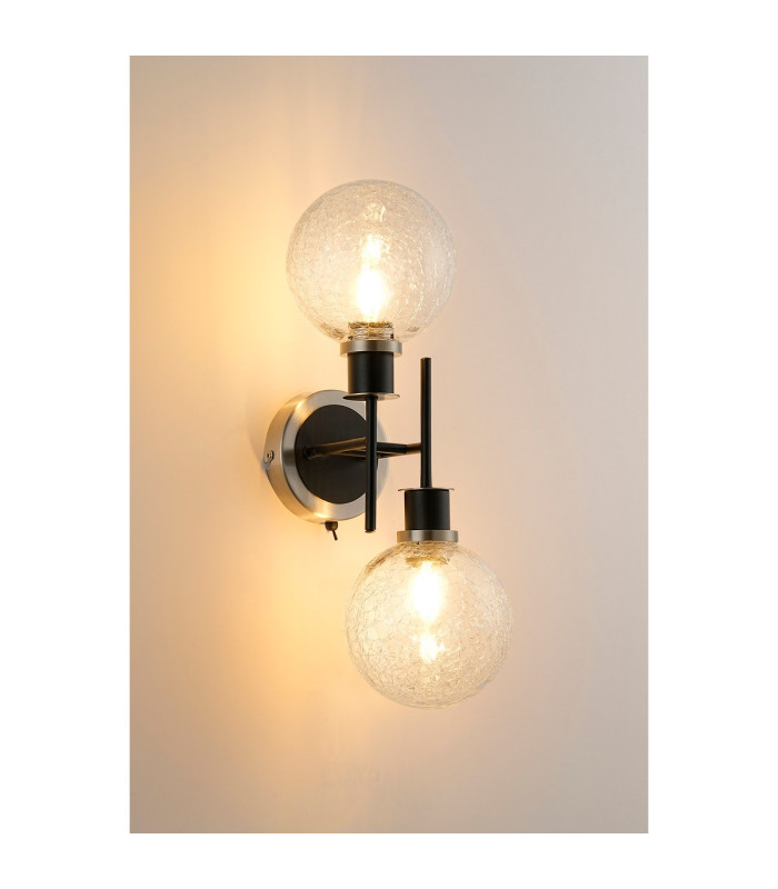 Placid Switched Wall Light 2 Light E14 15cm Round Crackled Glass Shade Satin Nickel Clear & Satin Black-3