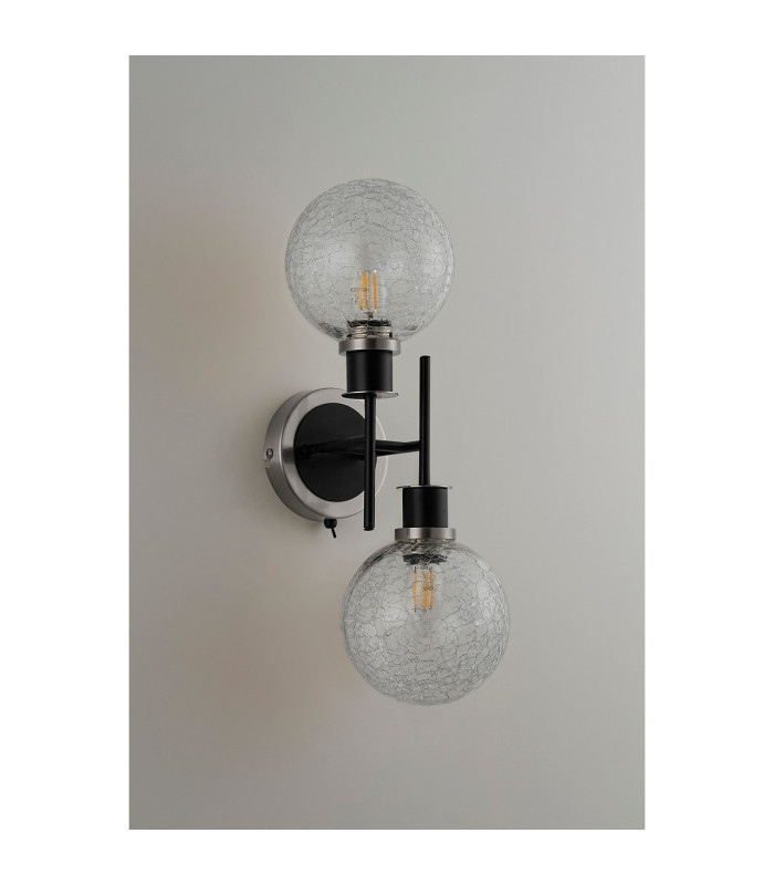 Placid Switched Wall Light 2 Light E14 15cm Round Crackled Glass Shade Satin Nickel Clear & Satin Black-7