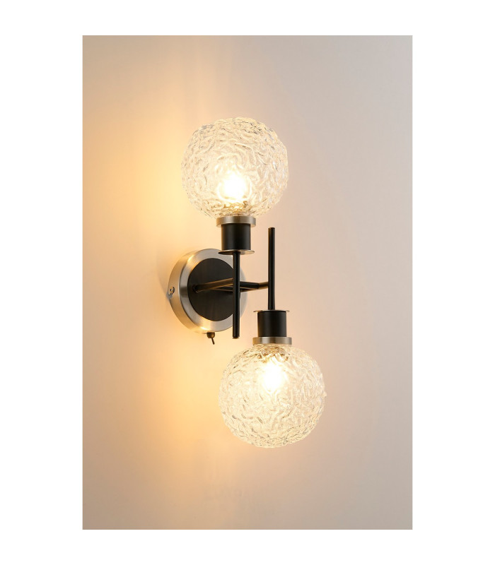 Placid Switched Wall Light 2 Light E14 15cm Round Textured Crumple Glass Shade Satin Nickel Clear & Satin Black-3
