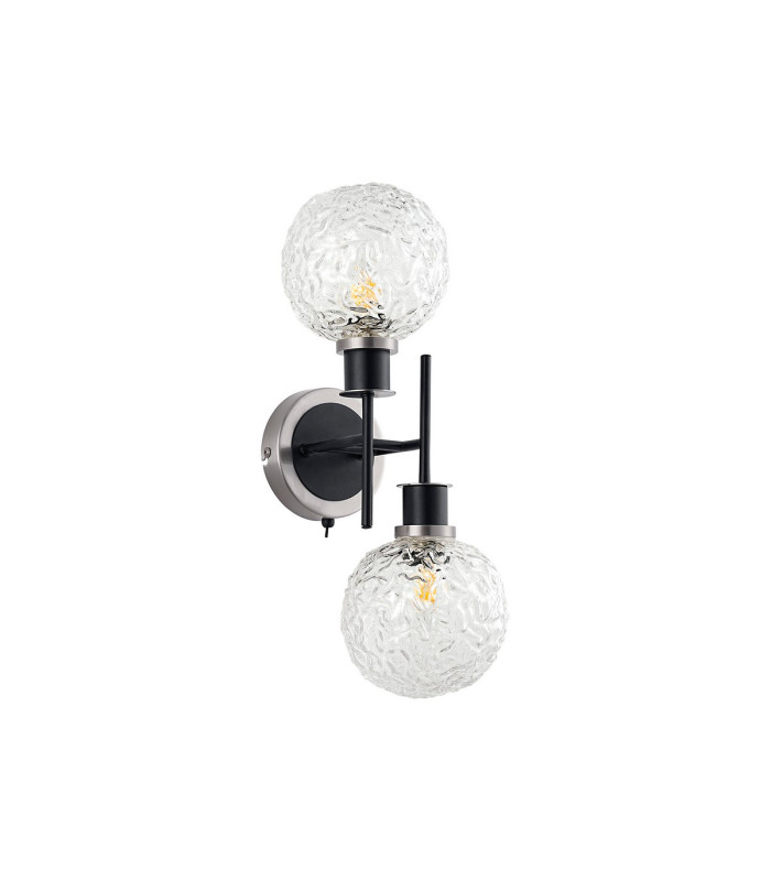 Placid Switched Wall Light 2 Light E14 15cm Round Textured Crumple Glass Shade Satin Nickel Clear & Satin Black-4