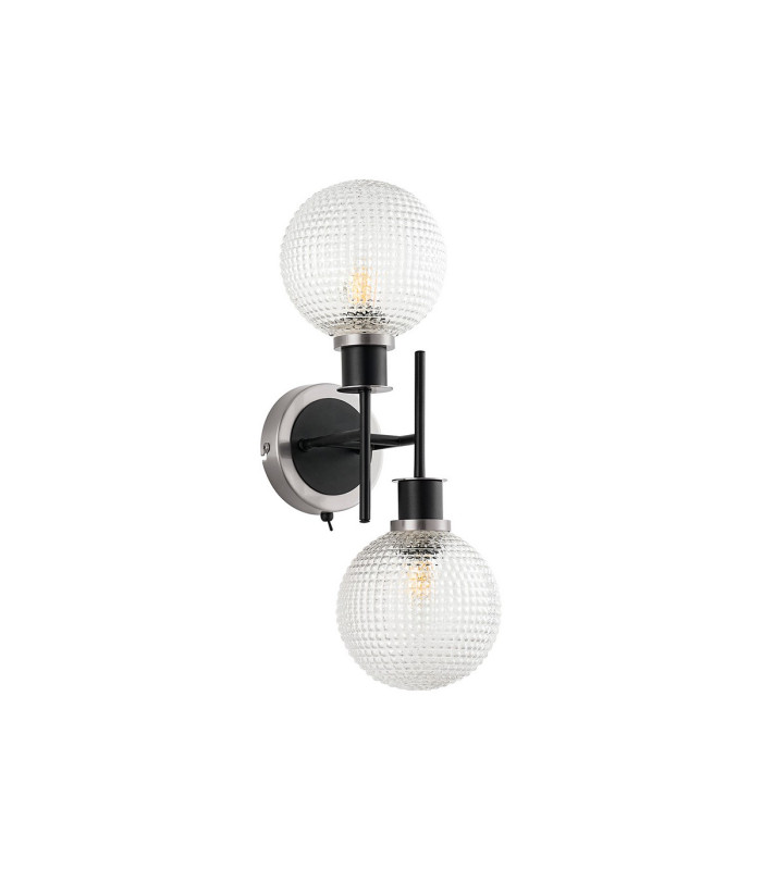 Placid Switched Wall Light 2 Light E14 15cm Round Textured Diamond Pattern Glass Shade Satin Nickel Clear & Satin Black-3