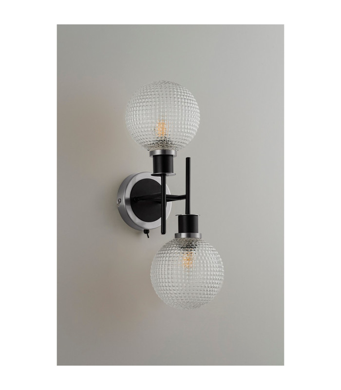 Placid Switched Wall Light 2 Light E14 15cm Round Textured Diamond Pattern Glass Shade Satin Nickel Clear & Satin Black-6