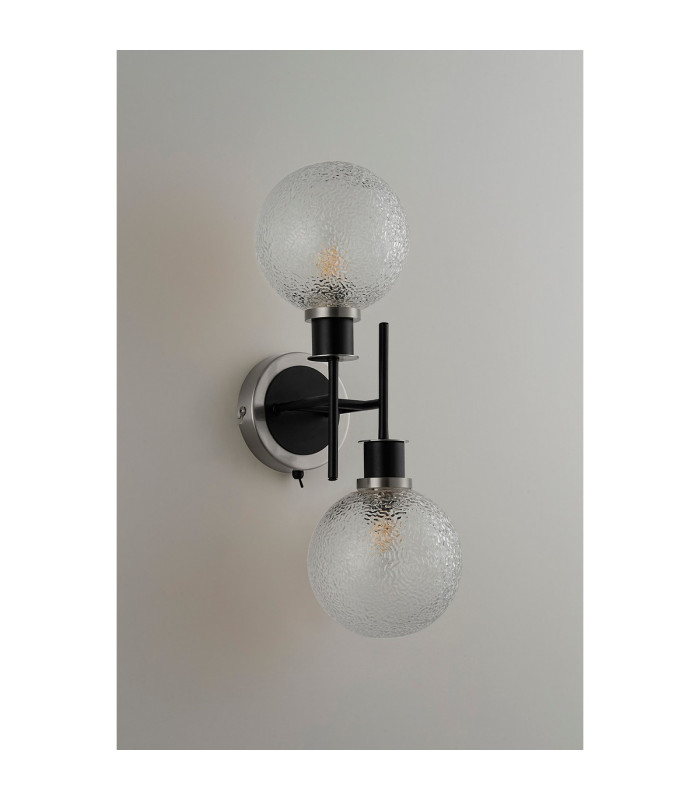 Placid Switched Wall Light 2 Light E14 15cm Round Dimpled Glass Shade Satin Nickel Clear & Satin Black-7