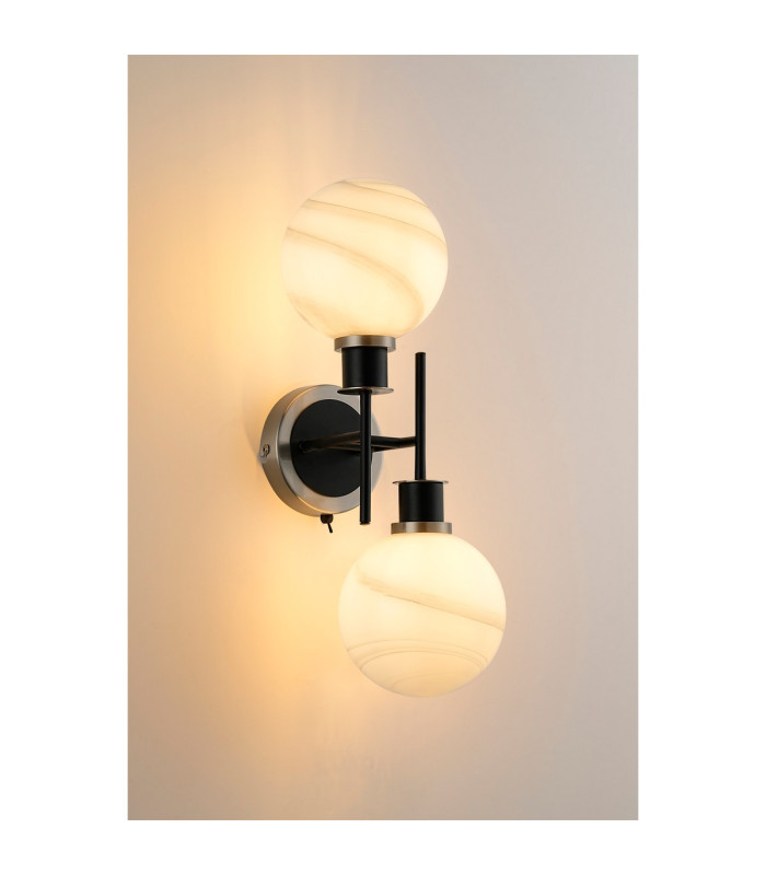 Placid Switched Wall Light Twin E14 15cm Round White & Grey Marble Effect Glass Shade Satin Nickel & Satin Black Framework-3