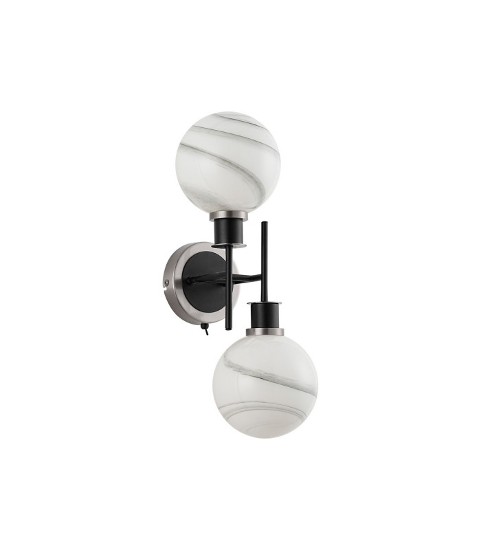 Placid Switched Wall Light Twin E14 15cm Round White & Grey Marble Effect Glass Shade Satin Nickel & Satin Black Framework-4
