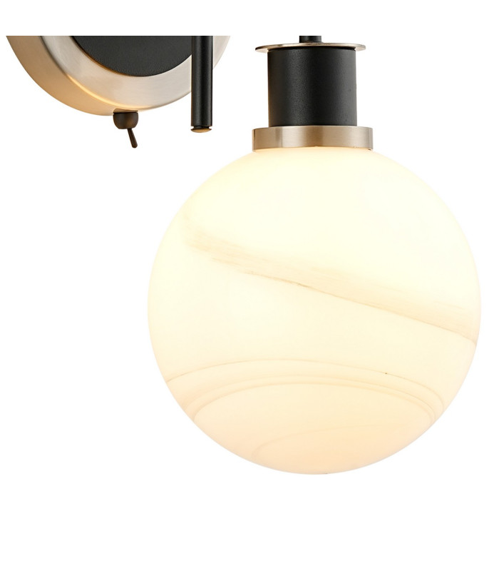 Placid Switched Wall Light Twin E14 15cm Round White & Grey Marble Effect Glass Shade Satin Nickel & Satin Black Framework-7