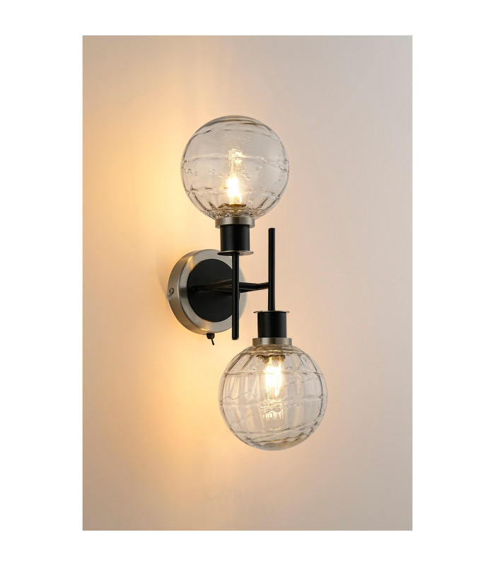 Placid Switched Wall Light 2 Light E14 15cm Round Textured Melting Glass Shade Satin Nickel Clear & Satin Black-3