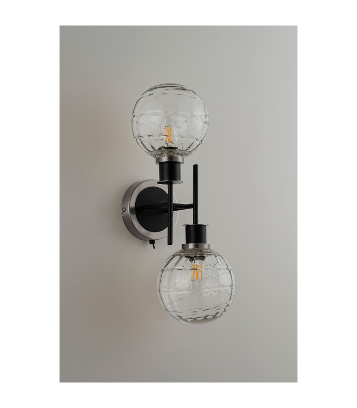 Placid Switched Wall Light 2 Light E14 15cm Round Textured Melting Glass Shade Satin Nickel Clear & Satin Black-7