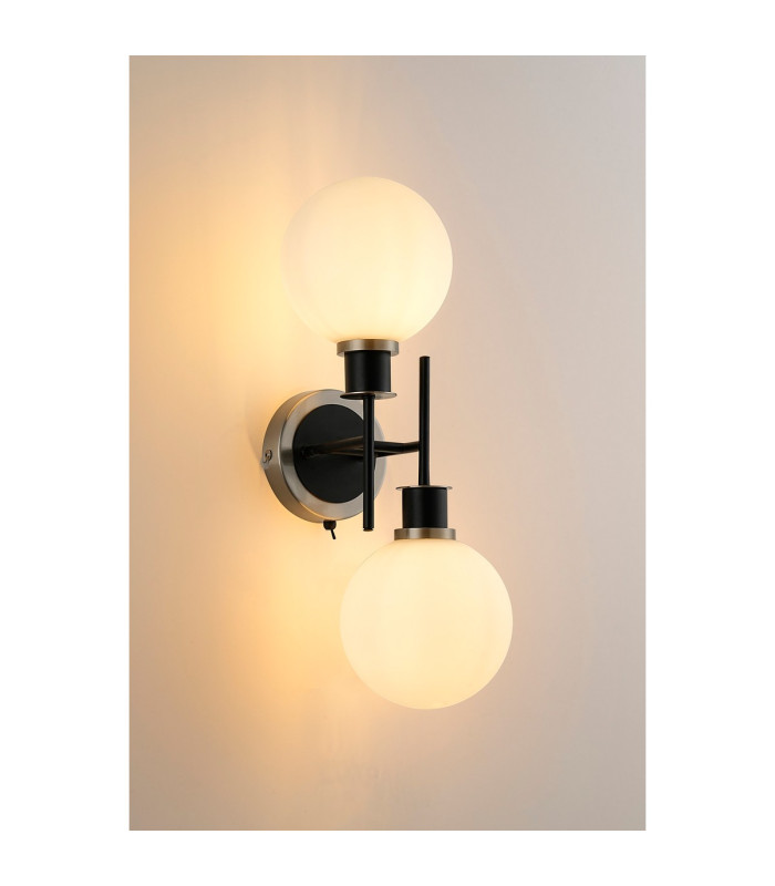 Placid Switched Wall Light 2 Light E14 15cm Round Glass Shade Satin Nickel Opal & Satin Black-3
