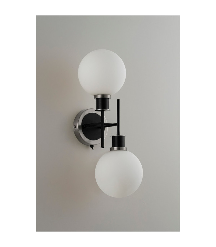 Placid Switched Wall Light 2 Light E14 15cm Round Glass Shade Satin Nickel Opal & Satin Black-7
