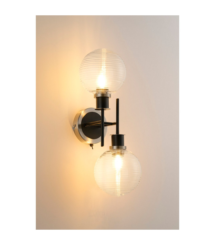 Placid Switched Wall Light 2 Light E14 15cm Round Ribbed Glass Shade Satin Nickel Clear & Satin Black-3