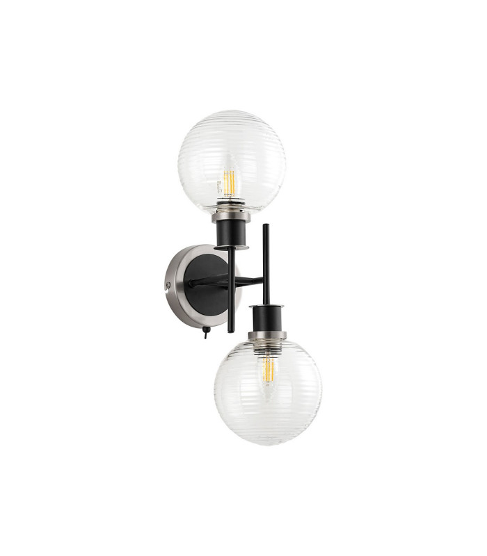 Placid Switched Wall Light 2 Light E14 15cm Round Ribbed Glass Shade Satin Nickel Clear & Satin Black-4