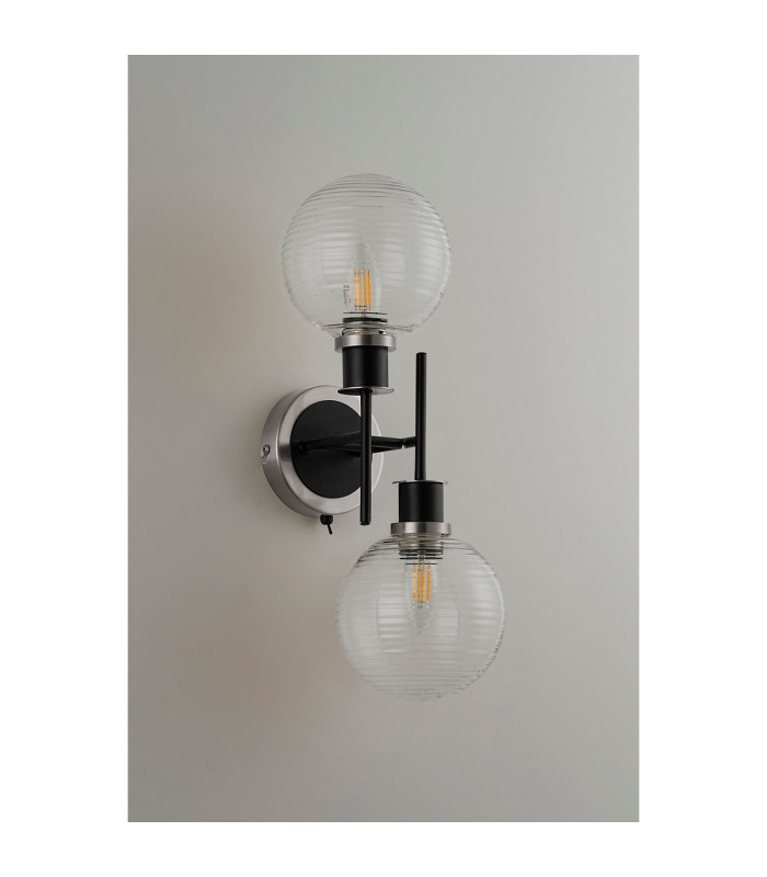 Placid Switched Wall Light 2 Light E14 15cm Round Ribbed Glass Shade Satin Nickel Clear & Satin Black-7