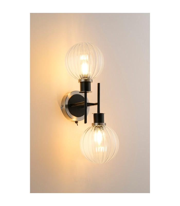 Placid Switched Wall Light 2 Light E14 15cm Round Segment Glass Shade Satin Nickel Clear & Satin Black-3