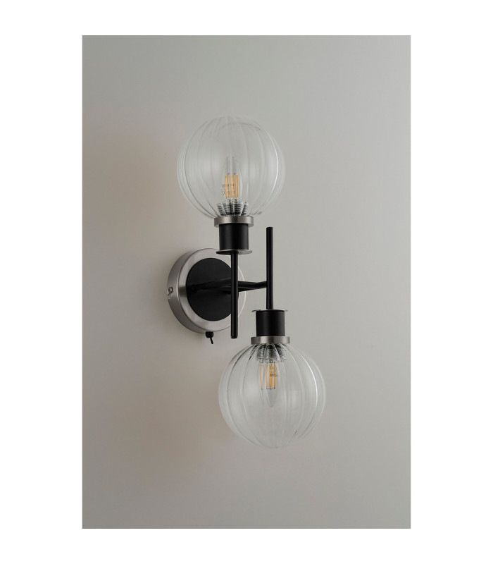 Placid Switched Wall Light 2 Light E14 15cm Round Segment Glass Shade Satin Nickel Clear & Satin Black-7