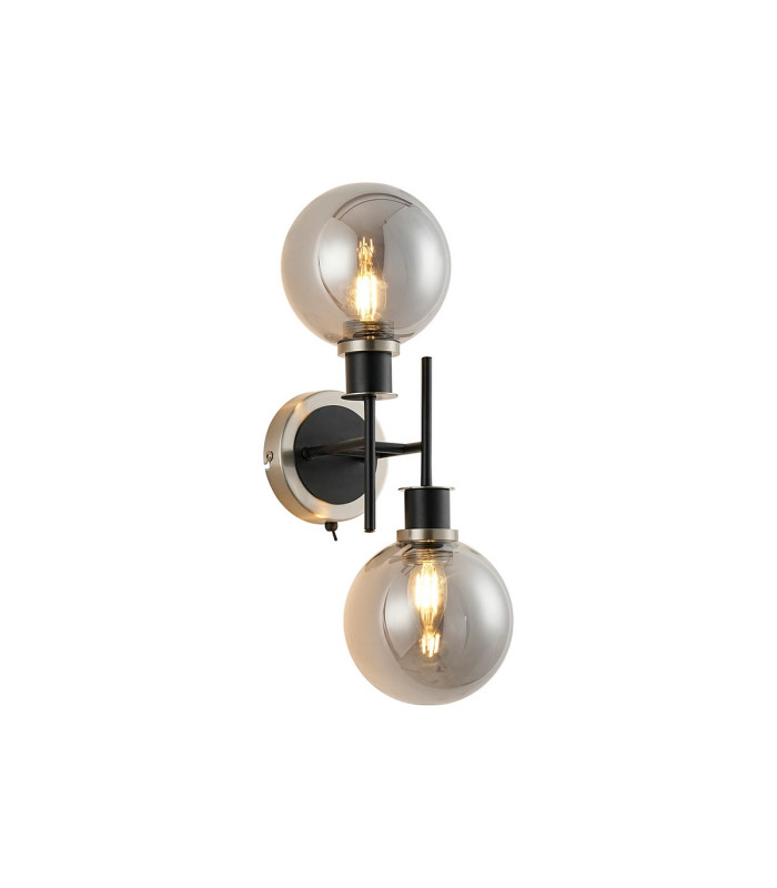 Placid Switched Wall Light 2 Light E14 15cm Round Glass Shade Satin Nickel Smoke Plated & Satin Black-1