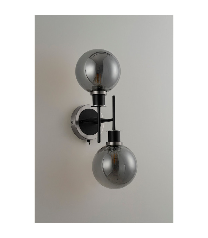 Placid Switched Wall Light 2 Light E14 15cm Round Glass Shade Satin Nickel Smoke Plated & Satin Black-6