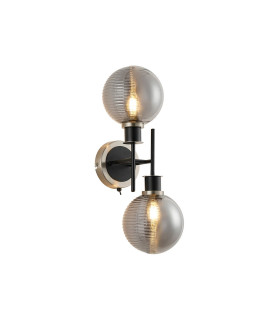 Placid Switched Wall Light Twin E14 15cm Round Textured Smooth/Ribbed Glass Shade Satin Nickel Smoke Plated & Satin Black-1