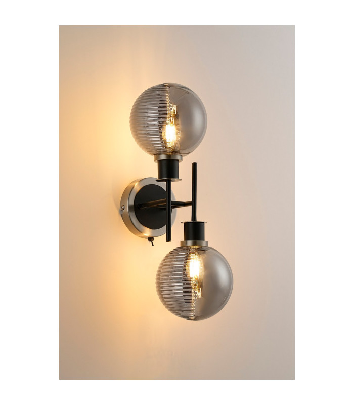 Placid Switched Wall Light Twin E14 15cm Round Textured Smooth/Ribbed Glass Shade Satin Nickel Smoke Plated & Satin Black-3