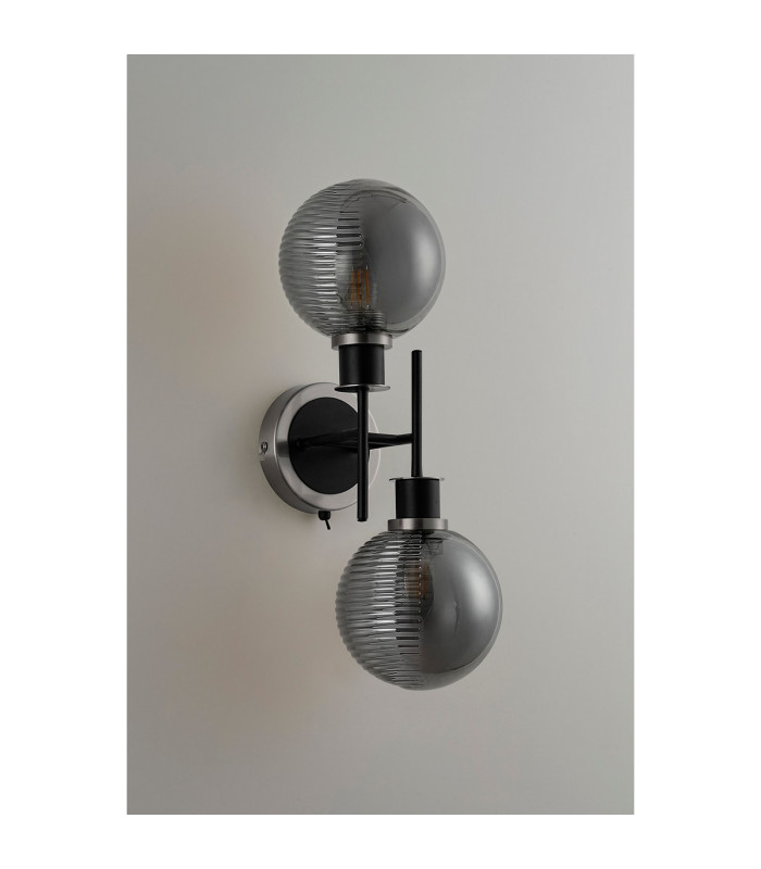 Placid Switched Wall Light Twin E14 15cm Round Textured Smooth/Ribbed Glass Shade Satin Nickel Smoke Plated & Satin Black-7