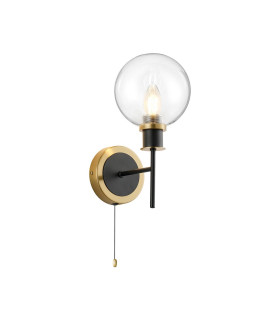 Plattsburgh Switched Wall Light 1 Light E14 IP44 15cm Round Glass Shade Brass Clear & Satin Black-1