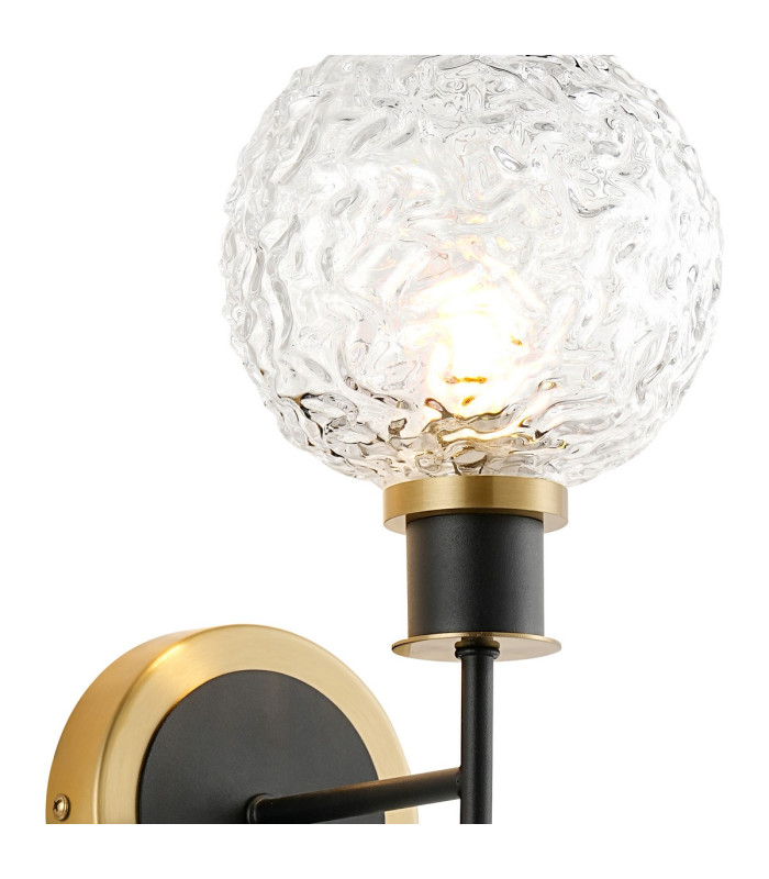 Plattsburgh Switched Wall Light 1 Light E14 IP44 15cm Round Textured Crumple Glass Shade Brass Clear & Satin Black-6