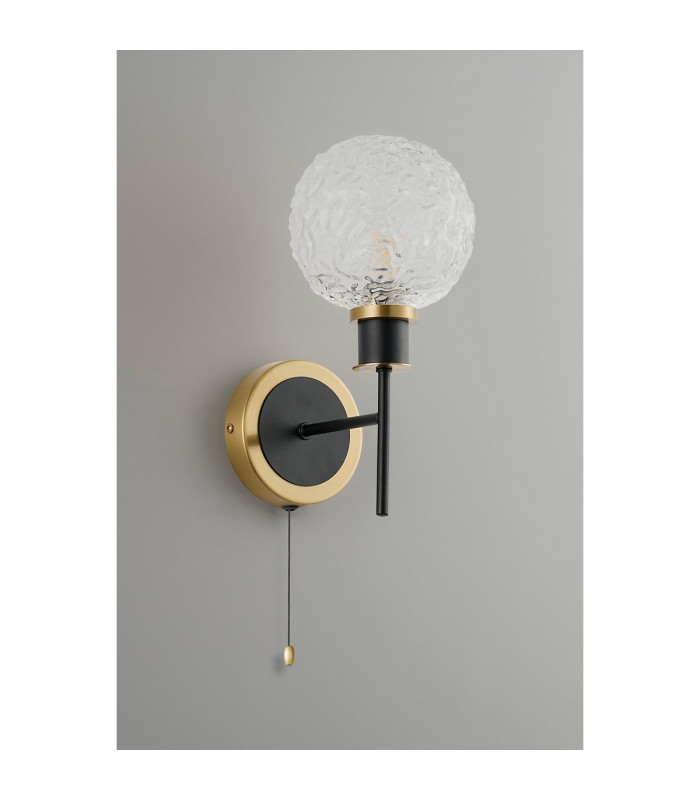 Plattsburgh Switched Wall Light 1 Light E14 IP44 15cm Round Textured Crumple Glass Shade Brass Clear & Satin Black-7