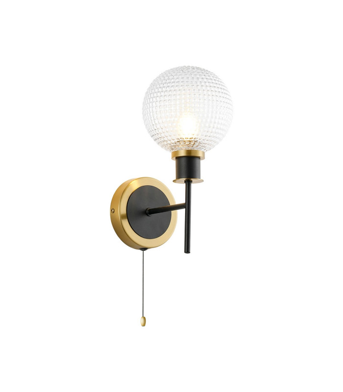 Plattsburgh Switched Wall Light E14 IP44 15cm Round Textured Diamond Pattern Glass Shade Brass Clear & Satin Black-1