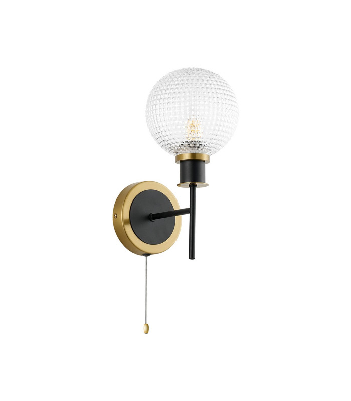 Plattsburgh Switched Wall Light E14 IP44 15cm Round Textured Diamond Pattern Glass Shade Brass Clear & Satin Black-4