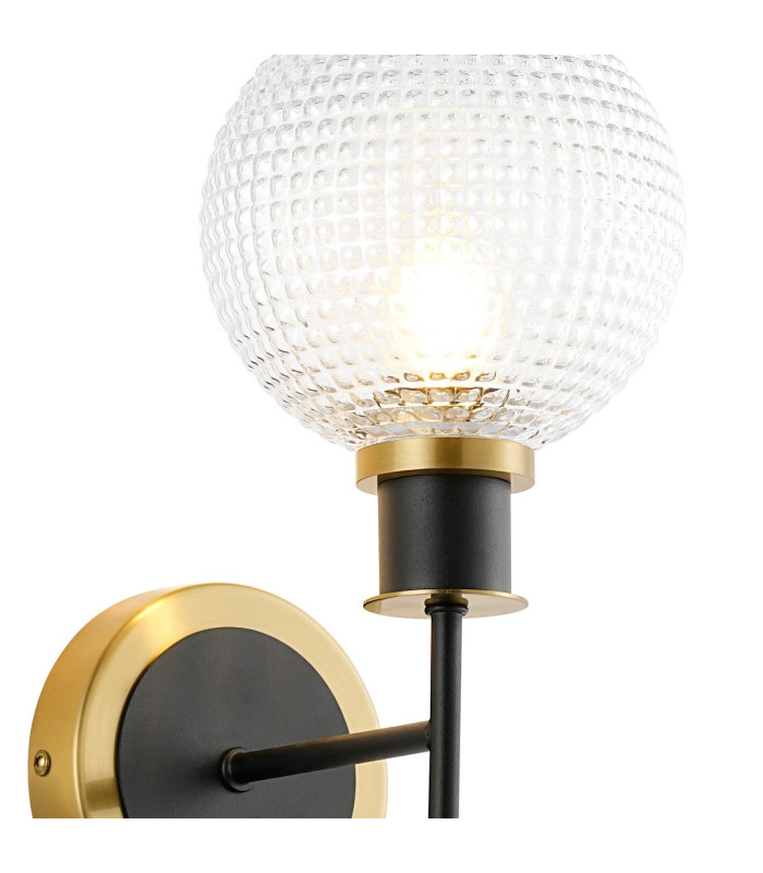 Plattsburgh Switched Wall Light E14 IP44 15cm Round Textured Diamond Pattern Glass Shade Brass Clear & Satin Black-6