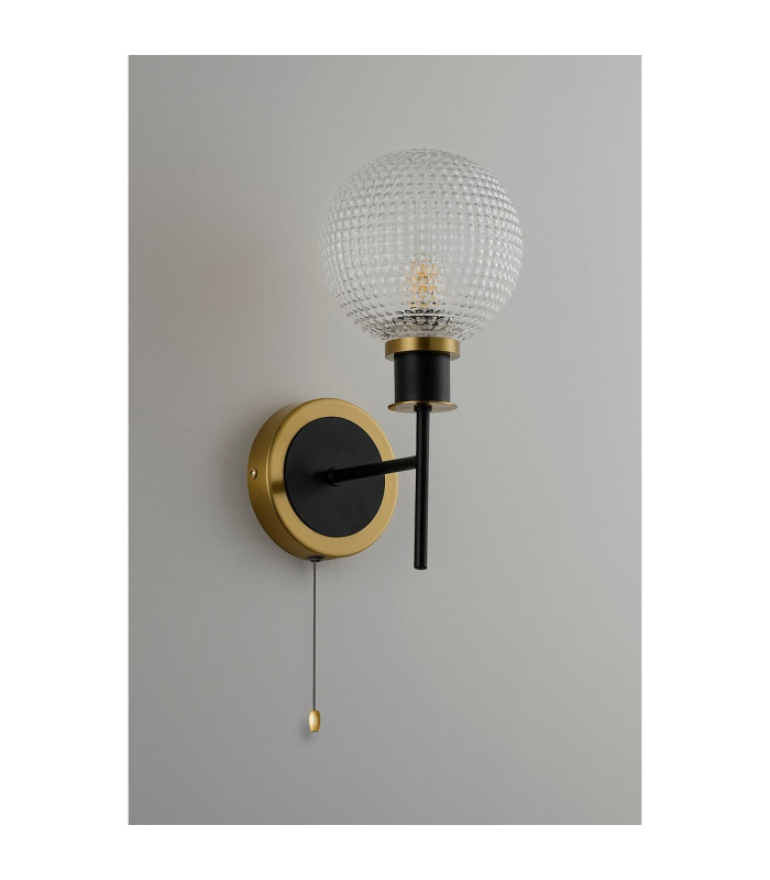 Plattsburgh Switched Wall Light E14 IP44 15cm Round Textured Diamond Pattern Glass Shade Brass Clear & Satin Black-7