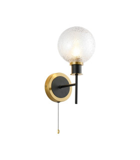 Plattsburgh Switched Wall Light 1 Light E14 IP44 15cm Round Dimpled Glass Shade Brass Clear & Satin Black-1